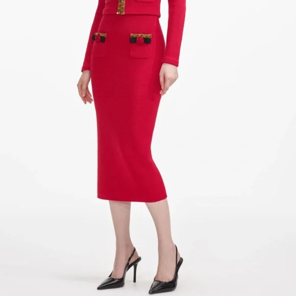self-portrait Red Textured Knit Corsage Midi Skirt Size Small - MSRP $380 - NWT - Picture 6 of 8